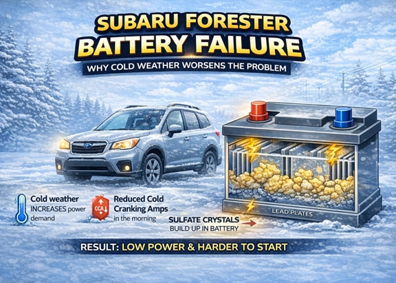 Info graphic showing a Subaru Forester and a car battery cutaway