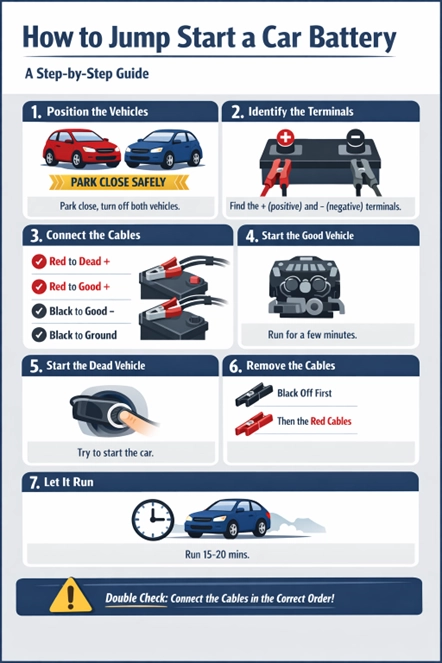 info graphic showing how to safely jump start a car