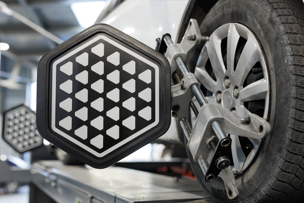 close-up look at a wheel alignment service